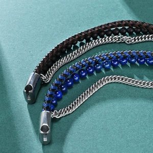 Men's triple-layer lapis lazuli and onyx beaded leather bracelet with magnetic clasp