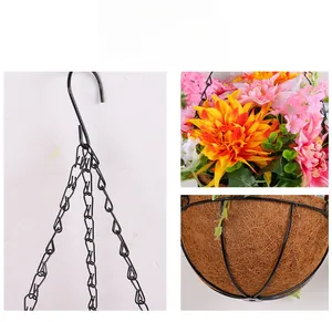 Detail of hanging basket with metal chain, s-hook and realistic colorful chrysanthemums
