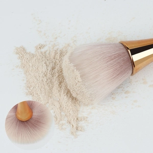 Large fluffy powder brush with pink gradient bristles and gold metal handle on white background