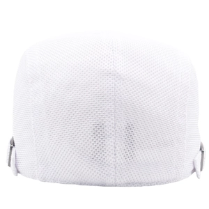 Close-up of white mesh flat cap showing breathable texture and adjustable side buckles