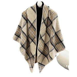Soft checkered knit shawl wrap for women in beige and black displayed on a mannequin