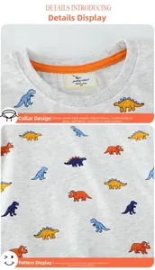 Detail of grey kids dinosaur t-shirt with orange neckline binding and patch embroidery