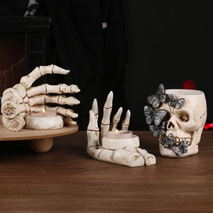 Halloween Gothic Resin Skull Head Butterfly Pen Holder And Skeleton Hand Tealight Candle Holder Ornaments