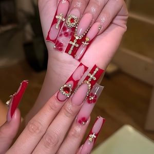 Press On Nails Long Coffin Red French Design Gold Cross Heart Rhinestones 3D Charms Gothic Punk Style Women