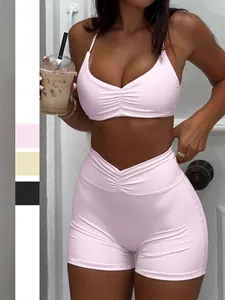 Geripptes Yoga Top Mit V Ausschnitt Und Neckholder Sowie Shorts Mit Hoher Taille Polyester Spandex Training Fitness Damen
