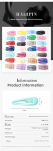 Detail specifications of colorful 5.8cm metal snap hair clips with size and weight info