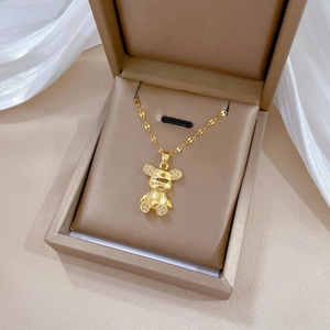 Luxurious gold titanium steel bear necklace with sparkling crystal rhinestones for women