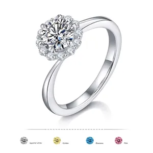 Moissanite sterling silver halo ring for women featuring four center stone color options