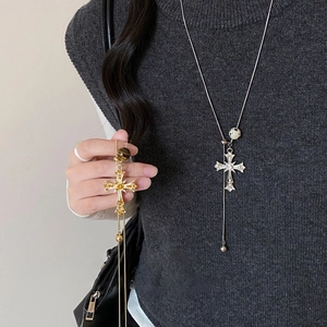 Tiger eye cross pendant necklace with rhinestones and round beads for daily wear