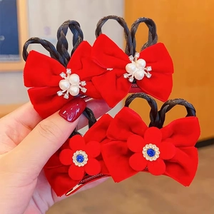 Set of 4 red velvet bow hair clips with pearls, rhinestones and floral details for girls