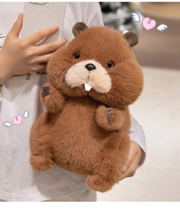 Close-up of cute plush groundhog toy with brown fur and white front teeth detail