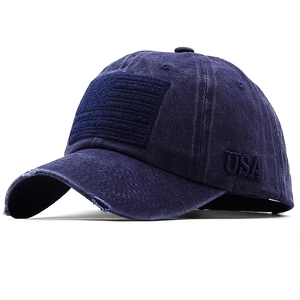 Navy blue washed baseball cap with USA embroidery and flag-style velcro patch