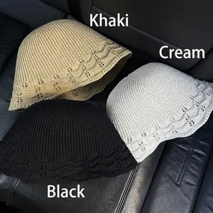 Knitted summer bucket hats for women in khaki, beige, and black with wavy hollowed brim
