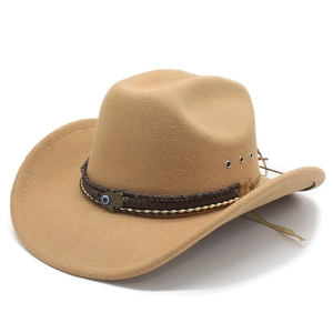 Detail of camel wool felt cowboy hat featuring Hamsa Hand pendant and braided leather band