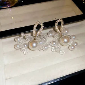 Elegant French style pearl fringe earrings with zircon studs and hanging crystals