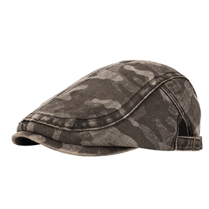 Vintage camouflage flat cap with washed distressed finish and side metal buckle detail