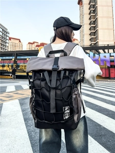 Basketball Backpack Large Capacity Nylon Waterproof Roll Top With Mesh Net For Helmet Sports Training Urban Techwear Men