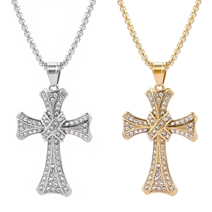 Punk Cross Pendant Necklace Titanium Steel With Cubic Zirconia Polished Hip Hop Vintage Jewelry Unisex