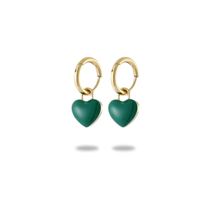 Chic gold hoop earrings with green heart enamel pendants on a clean white background