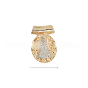 Detail of 13.5mm oval 18k gold plated hammered pendant with embossed silver motif