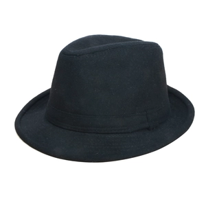 Detailed view of deep black wool fedora featuring a classic indented crown and decorative band