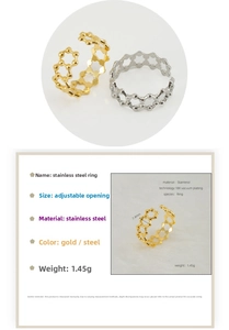 Détails de la bague alvéolée géométrique ajourée, largeur 7,4 mm avec placage or 18 carats