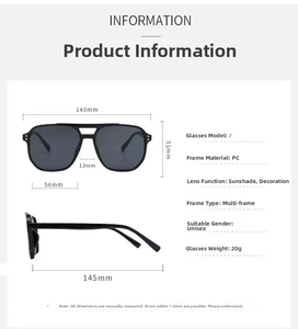 Detailed size specifications for double bridge PC frame sunglasses including lens width and weight