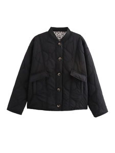 Close-up of black quilted jacket featuring a stylish leopard print lining and button details