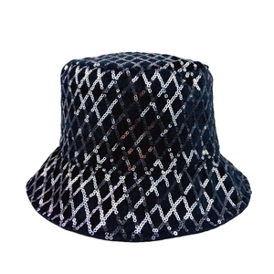 Stylish black bucket hat with silver sequins in a classic rhombic pattern for women