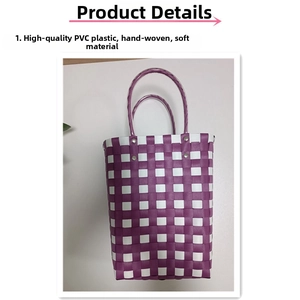 Detail of hand-woven purple and white checkered PVC bag with soft texture and large capacity