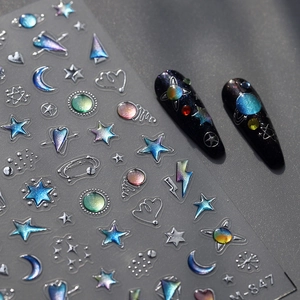 Adesivi per unghie olografici con stelle e pianeti in lamina d'argento, stile M-847