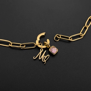 14K gold plated titanium steel initial M necklace with pink zircon heart pendant