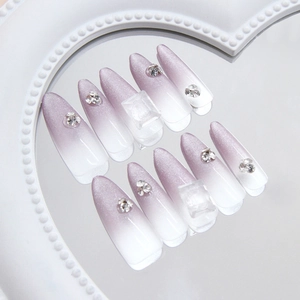 Handmade Press On Nails Long Almond Gradient Purple Cat Eye Glitter Rhinestone Studs ABS Removable Manicure