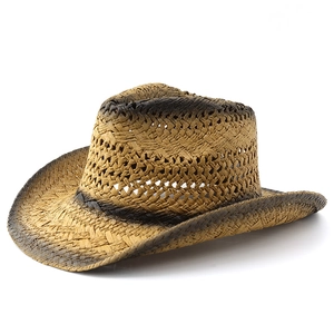 Close-up of Western straw hat with gradient burnt edges and hollow breathable weave