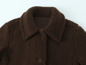 Detailed view of the brown shearling coat collar and single-breasted button closure