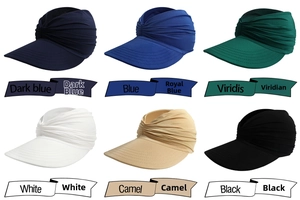 Detailed view of women's pleated sun visor hats in six different colors on white background