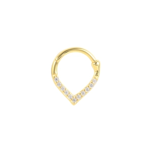 Detailed close-up of golden V-shaped hinged nose ring with sparkling zircon stones
