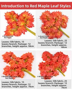 Detail view of artificial red maple leaves with specifications on cloth texture and size