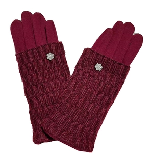 Winter wine red knitted gloves with square texture cuffs and rhinestone flower accents