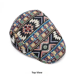 Top view of ethnic jacquard newsboy cap with colorful geometric diamond pattern