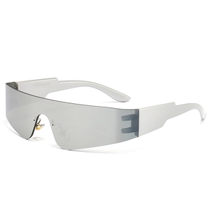 Futuristic rimless wrap around sunglasses with silver mirror lens and punk aesthetic