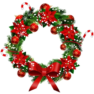 Christmas wreath window sticker with red poinsettia and green pine needles decoration