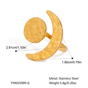 Detail showing dimensions of celestial sun and moon ring in golden stainless steel