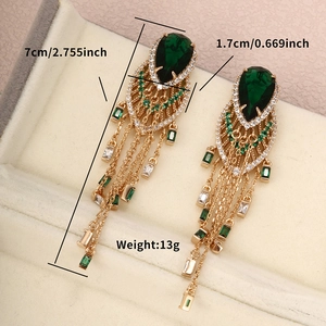 Detail view of emerald teardrop tassel earrings with 7cm length and 13g weight specs
