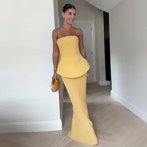 Women Peplum Tube Top And Ribbed Maxi Skirt Sleeveless Backless Elegant Street Style