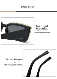 Macro view of crystal rhinestones on square sunglasses frame and curved temple design
