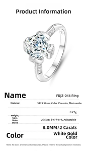 Technical data sheet for 2-carat moissanite S925 silver ring with 8mm stone and size details
