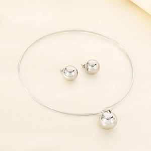 Polished silver stainless steel jewelry set with hollow sphere pendant and stud earrings