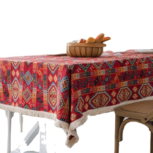 Ethnic bohemian red jacquard tablecloth with geometric patterns and beige tassels
