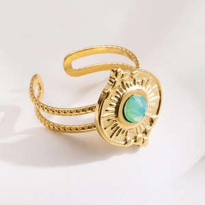 Detail of 18K gold-plated ring featuring turquoise stone with sunburst texture